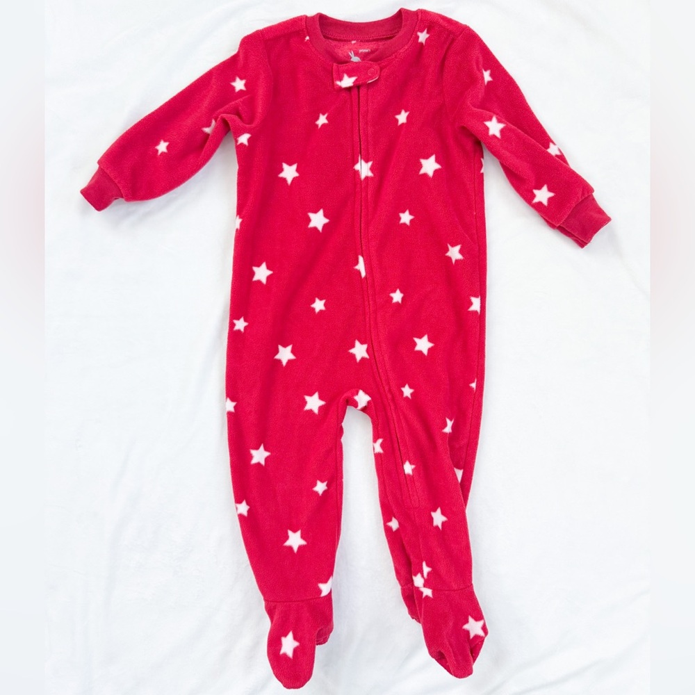 Primary Fleece Star Footie Cherry Red Ivory Star 6-12 months